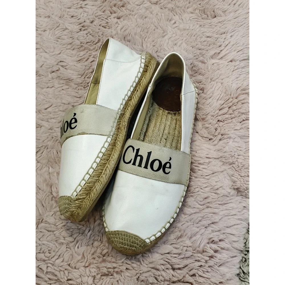 Chloe Woody Espadrille White Leather Logo Strap Slip On Flats Shoes‎